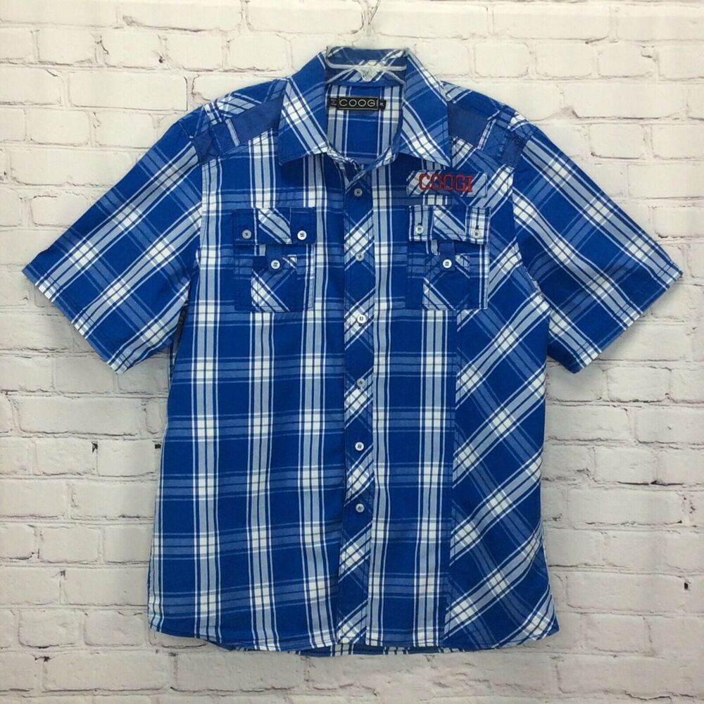 Coogi Shirt Men's Sz XL Blue Plaid Button Up Pockets Logo Short Sleeve Collared